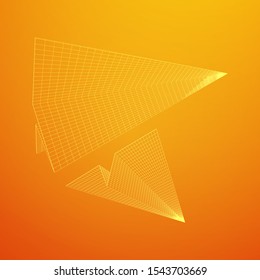 Paper plane flying. Abstract image of a aircraft origami. Wireframe low poly mesh vector illustration