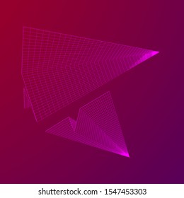 Paper plane flying. Abstract image of a aircraft origami. Wireframe low poly mesh vector illustration
