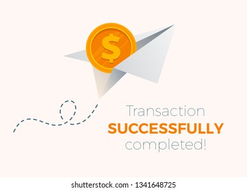 Сolored paper plane flying in the air. Good concept for web design illustration. Vector design. Advertisement art. Transaction is successful.