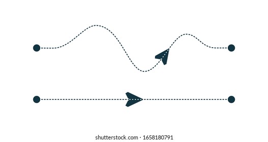 Paper plane flying along the dotted path through some points. Travel, shipment, delivery or trip concept. Airplane dashed route. Curved and straight line path. Vector illustration