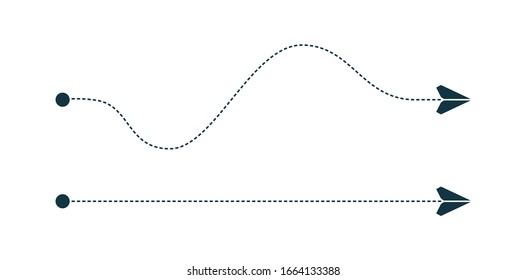 Paper plane flying along the dotted path through some points. Travel, shipment, delivery or trip concept. Airplane dashed route. Curved and straight line path. Vector illustration