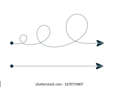 Paper plane flying along the dotted path through some points. Travel, shipment, delivery or trip concept. Airplane dashed route. Curved, looped and straight line path. Vector illustration