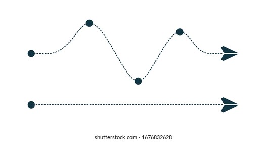 Paper plane flying along the dotted path through some points. Travel, shipment, delivery or trip concept. Airplane dashed route. Curved and straight line path. Vector illustration