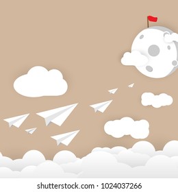 Paper plane flying among cloudy to red flag target on moon space concept flat design paper cut background