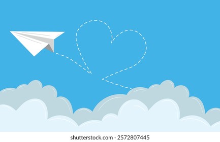 Paper plane flying around the clouds in the sky. Hand drawn vector illustration in flat style. Concept of delivery, back to school, vacation time, dash line heart track. Vector art, web banner