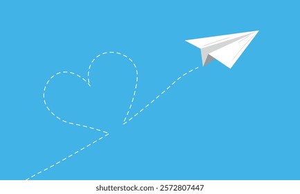 Paper plane flying around the clouds in the sky. Hand drawn vector illustration in flat style. Concept of delivery, back to school, vacation time, dash line heart track. Vector art, web banner