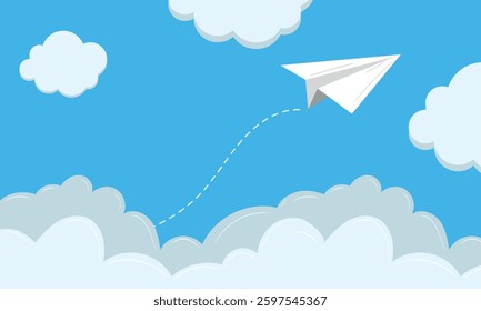 Paper plane flying around the clouds in the sky. Hand drawn vector illustration in flat style. Concept of delivery, back to school, vacation time, dash line track. Vector art, web banner, background