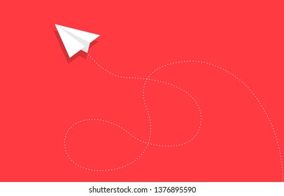 Paper plane flying around with dot path on red background