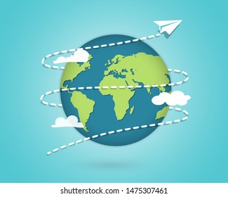 Paper Plane flying around the globe. Around the world travelling by plane, airplane trip in various country. Planet Earth. Travel and tourism concept