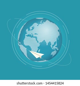 Paper plane flying around the world. Planet earth with pixel world map with view on europe. Technology or travel design concept.