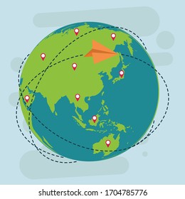 Paper plane flying arround the globe vector illustration