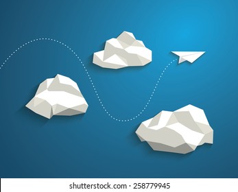 Paper plane flying between clouds. Modern polygonal shapes background, low poly. Business concept design. Eps10 vector illustration.