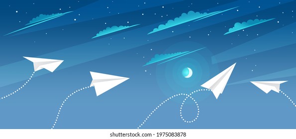 Paper plane flying in blue sky. Pattern mockup design vector illustration. Airplanes made as origami from paper. White airplanes on pattern layout. Aircrafts fly between clouds and light in sky