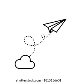 Paper plane flying and cloud. Black outline. Vector illustration, flat design