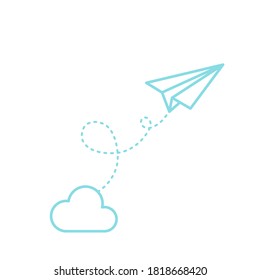 Paper plane flying and cloud. Turquoise outline. Vector illustration, flat design