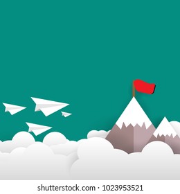 Paper plane flying with clouds to red flag pole on target mountain peak flat design background