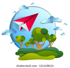 Paper plane flying in cloudy sky over scenic landscape of grasslands and trees, origami folded toy airplane in beautiful nature, vector illustration, airlines, airways air travel theme.