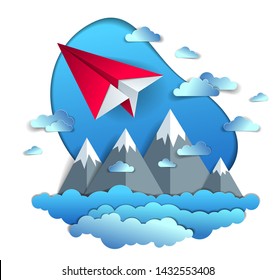 Paper plane flying in cloudy sky over scenic landscape of mountain range, origami folded toy airplane in beautiful nature, vector illustration, airlines, airways air travel theme.