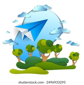 Paper plane flying in cloudy sky over scenic landscape of grasslands and trees, origami folded toy airplane in beautiful nature, vector illustration, airlines, airways air travel theme.