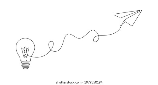 Paper plane flying up connected and light bulb in one continuous line drawing  Airplane in outline style  Startup business idea concept and editable stroke  Vector illustration