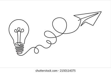 Paper plane flying up connected and light bulb in one continuous line drawing  Airplane in outline style  Startup business idea concept  Vector illustration