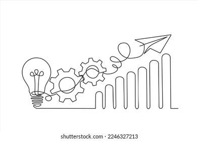 Paper plane flying up connected with light bulb, gears and graph in one continuous line drawing. Airplane in outline style. Startup business idea concept. 