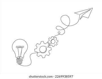 Paper plane flying up connected with light bulb and gears in one continuous line drawing. Airplane in outline style. Startup business idea concept. 