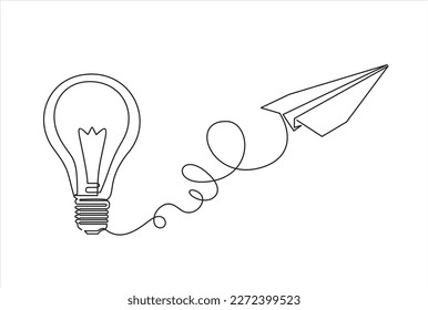 Paper plane flying up connected with light bulb in one continuous line drawing. Airplane in outline style. Startup business idea concept. Vector illustration