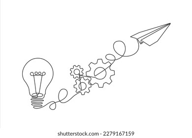 Paper plane flying up connected with light bulb and gears in one continuous line drawing. Airplane in outline style. Startup business idea concept. 