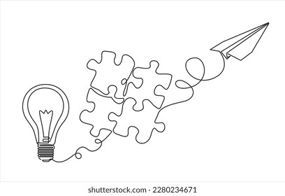 Paper plane flying up connected with light bulb and puzzle in one continuous line drawing. Airplane in outline style. Startup business idea concept. 
