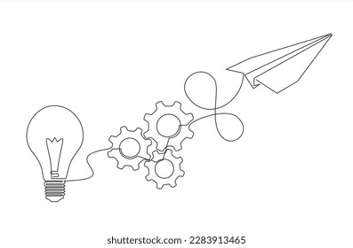 Paper plane flying up connected with light bulb and gears in one continuous line drawing. Airplane in outline style. Startup business idea concept. 