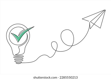 El plano de papel que vuela conectado con la marca de verificación de la bombilla como un icono de punta rápida en un plano de línea continua. Avión en forma de contorno. Concepto de idea de negocio de inicio. Ilustración del vector