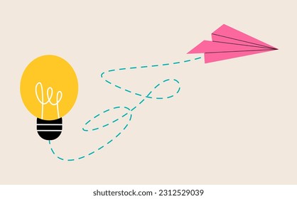 Paper plane flying up connected with light bulb. Startup business idea concept. Colorful vector illustration 
