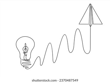Paper plane flying up connected with light bulb in one continuous line drawing. Airplane in outline style. Startup business idea concept with editable stroke. Vector illustration