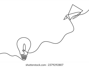 Paper plane flying up connected with light bulb in one continuous line drawing. Airplane in outline style. Startup business idea concept with editable stroke. Vector illustration