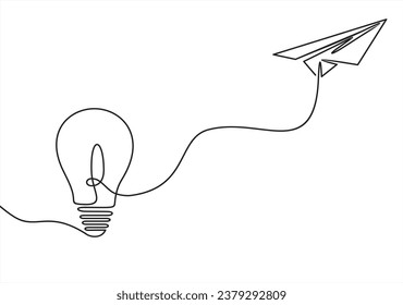 Paper plane flying up connected with light bulb in one continuous line drawing. Airplane in outline style. Startup business idea concept with editable stroke. Vector illustration