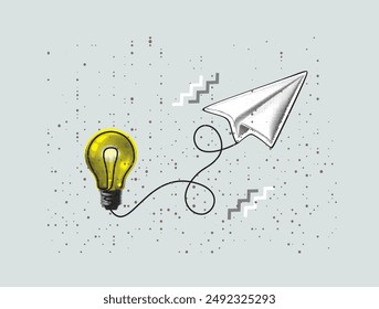 Paper plane flying up connected with light bulb in one continuous line drawing. Airplane in outline style. Startup business idea concept. Vector illustration