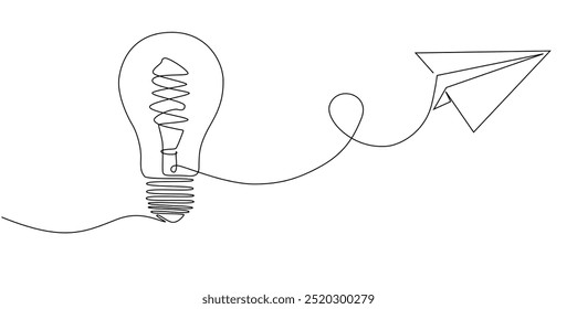 Paper plane flying up connected with light bulb in one continuous line drawing. Airplane in outline style. Startup business idea concept with editable stroke. Vector illustration