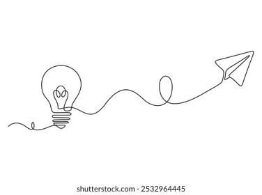 Paper plane flying up connected with light bulb in continuous one line drawing. Airplane in outline style. Startup business idea concept vector illustration