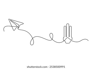 Paper plane flying up connected with light bulb continuous one line drawing. Airplane in outline style. Startup business idea concept. Vector illustration