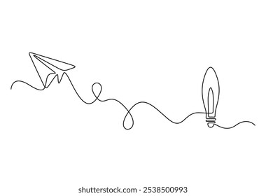 Paper plane flying up connected with light bulb continuous one line drawing. Airplane in outline style. Startup business idea concept. Vector illustration