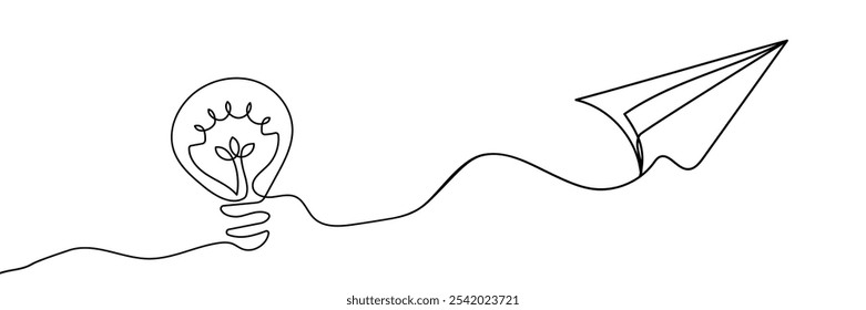 Paper plane flying up connected with light bulb in one continuous line drawing. Airplane in outline style. Startup business idea concept with editable stroke. Vector illustration