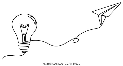 Paper plane flying up connected with light bulb in one continuous line drawing. Airplane in outline style. Startup business idea concept with editable stroke. Vector illustration, pro vector on white.