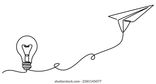 Paper plane flying up connected with light bulb in one continuous line drawing. Airplane in outline style. Startup business idea concept with editable stroke. Vector illustration, pro vector on white.