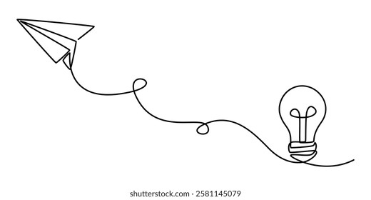 Paper plane flying up connected with light bulb in one continuous line drawing. Airplane in outline style. Startup business idea concept with editable stroke. Vector illustration, pro vector on white.