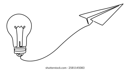 Paper plane flying up connected with light bulb in one continuous line drawing. Airplane in outline style. Startup business idea concept with editable stroke. Vector illustration, pro vector on white.