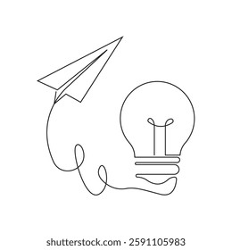 Paper plane flying up connected with light bulb in continuous one line drawing.Startup business idea concept vector illustration
