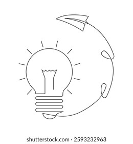 Paper plane flying up connected with light bulb in continuous one line drawing.Startup business idea concept vector illustration