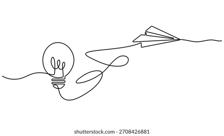 Paper plane flying up connected with light bulb in one continuous line drawing, Idea with bulb and paper plane, Light bulb and Paper plane single continuous line drawing vector illustration