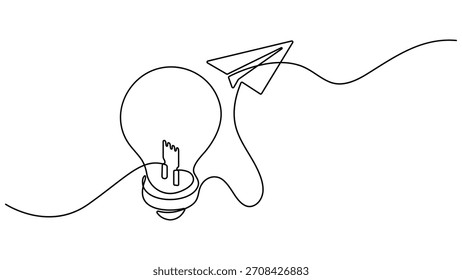 Paper plane flying up connected with light bulb in one continuous line drawing, Idea with bulb and paper plane, Light bulb and Paper plane single continuous line drawing vector illustration